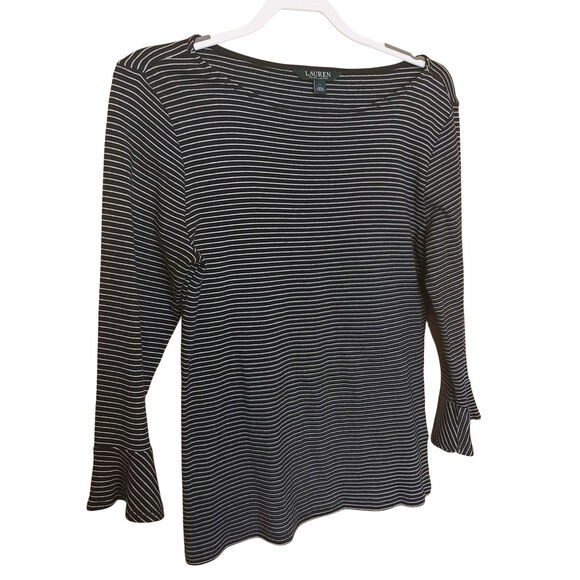 Lauren Ralph Lauren Green Label Size Large L White Black Fanned Sleeve Stripes - Picture 1 of 9
